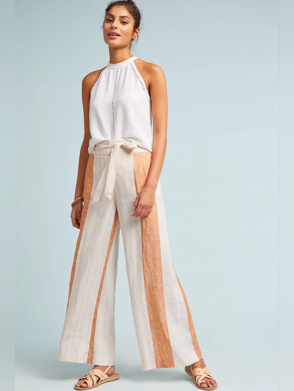 Anthropologie 100% Linen Striped Belted Wide Leg Trouser sz 16 Ivory Terracotta